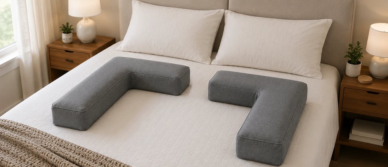 Cradle memory-foam support pillow, left and right pair on a bed